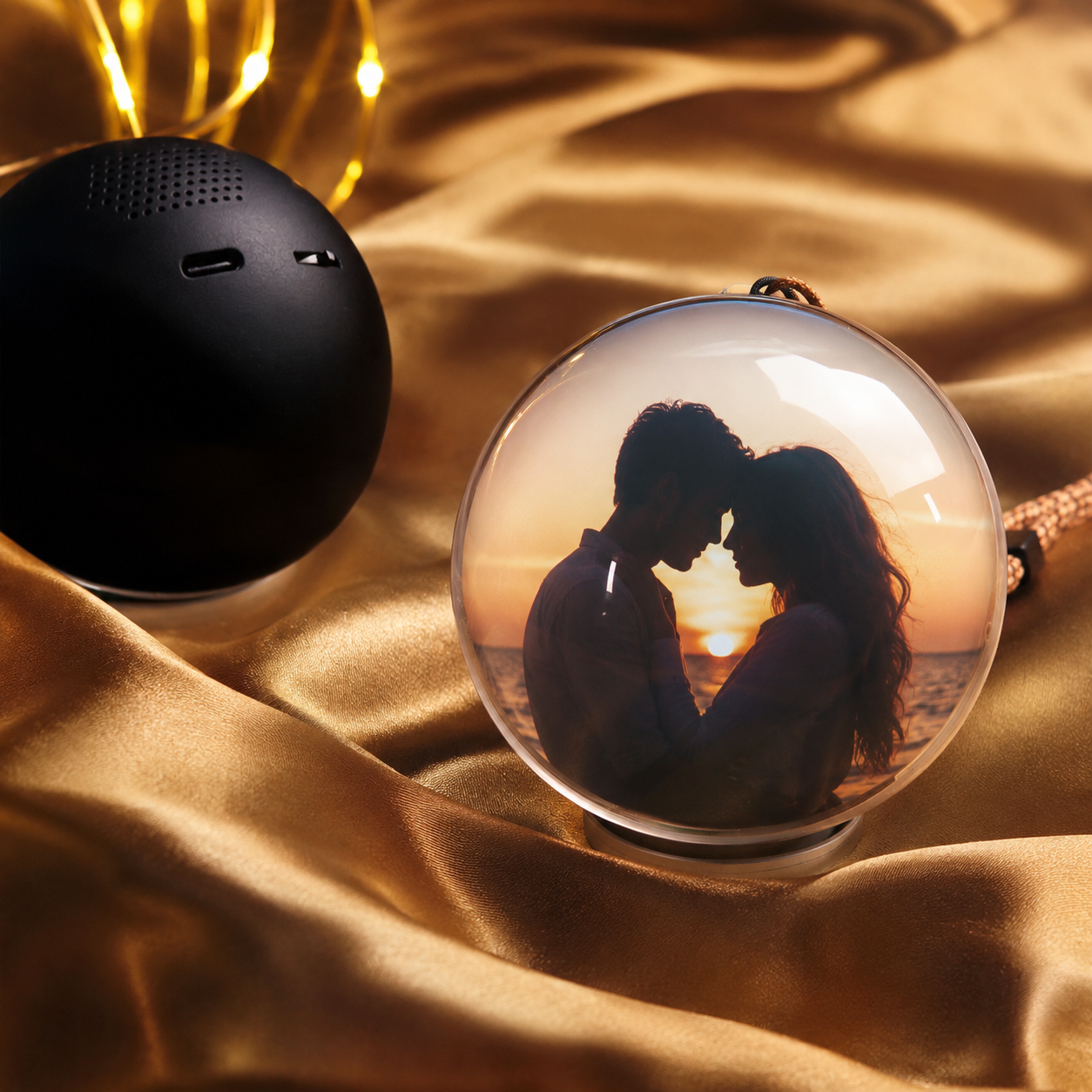 Velora Sphere displaying a personalized couple photo, shown beside its charging speaker base on warm gold silk